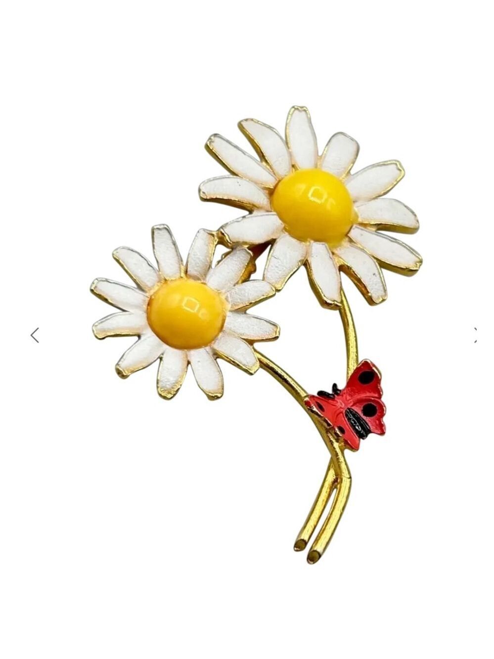 Daisy Flower Brooch Pin with Ladybug - White Yellow 0806